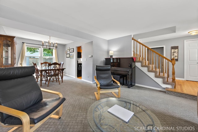 1630 Lois Ann Ln, Naperville, IL 60563 - carpeted living room with a chandelier and stairway