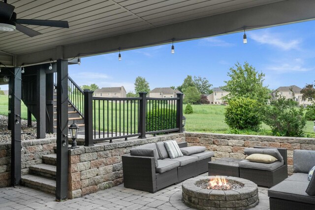 4 Emerald Crest Ct, Bloomington, IL 61705 - view of patio / terrace with stairs, a ceiling fan, and an outdoor living space with a fire pit