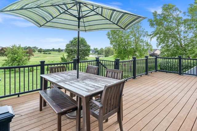 4 Emerald Crest Ct, Bloomington, IL 61705 - wooden terrace featuring outdoor dining space, a yard, and golf course view