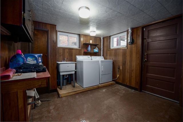 5936 S Keeler Ave, Chicago, IL 60629 - laundry room with washing machine and dryer, wooden walls, and baseboards