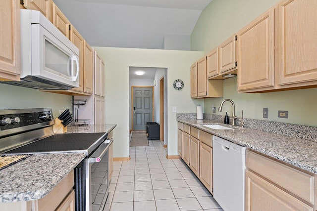 2040 Honey Locust Dr, Algonquin, IL 60102 - kitchen with white appliances, light brown cabinets, light tile patterned floors, lofted ceiling, and light stone counters