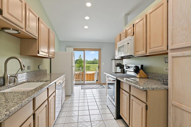 2040 Honey Locust Dr, Algonquin, IL 60102 - kitchen with white appliances, light brown cabinetry, recessed lighting, light tile patterned floors, and light stone counters
