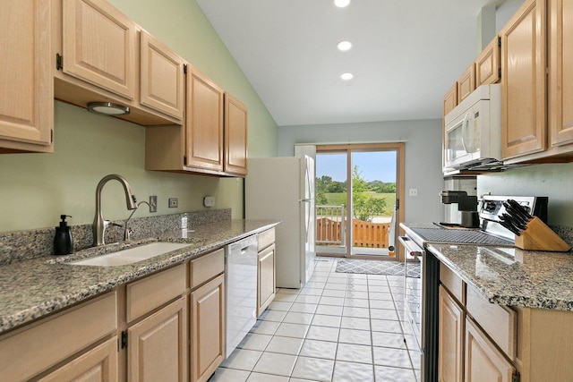 2040 Honey Locust Dr, Algonquin, IL 60102 - kitchen with white appliances, light brown cabinets, light tile patterned floors, recessed lighting, and light stone countertops