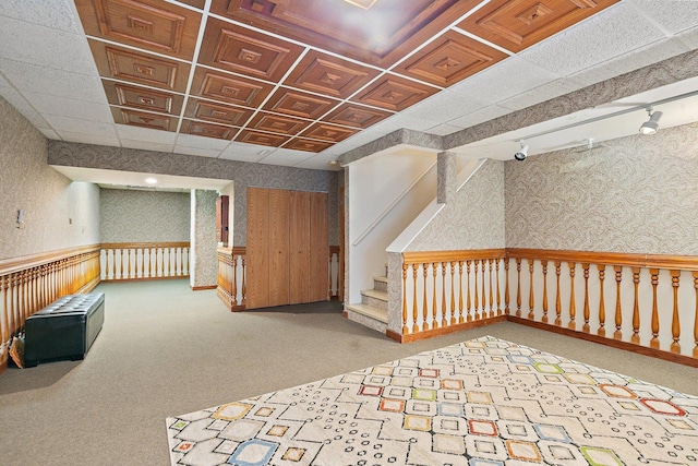 2040 Honey Locust Dr, Algonquin, IL 60102 - finished basement with wallpapered walls, wainscoting, stairway, and carpet flooring