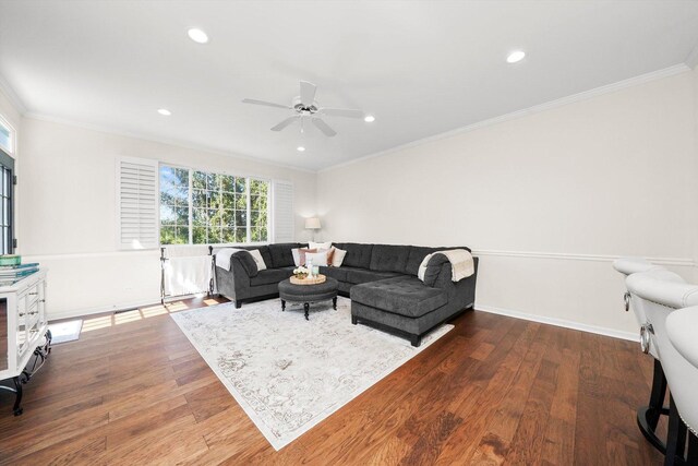 2730 Lorraine Cir, Geneva, IL 60134 - living area featuring crown molding, a ceiling fan, dark wood finished floors, recessed lighting, and baseboards