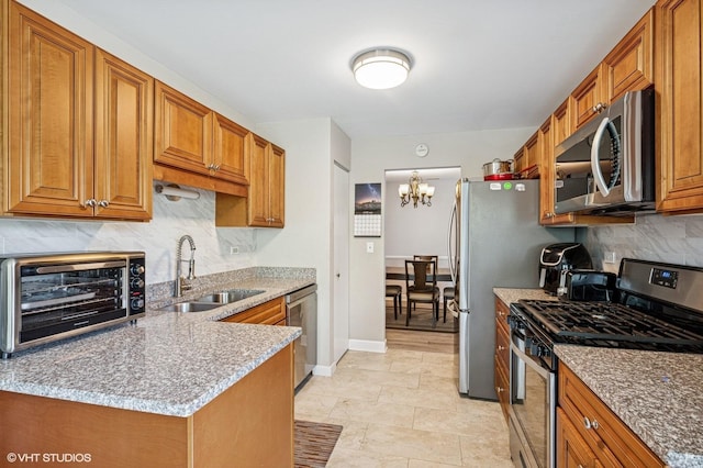 2980 Northampton Dr Unit A2, Rolling Meadows, IL 60008 - kitchen with appliances with stainless steel finishes, a sink, brown cabinets, decorative backsplash, and a chandelier