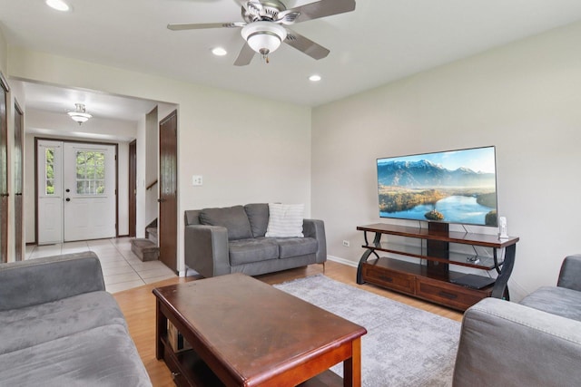104 S Walnut Ln, Schaumburg, IL 60193 - living room featuring stairs, recessed lighting, a ceiling fan, light wood finished floors, and baseboards