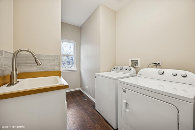 6 Valhalla Ct, Lake In The Hills, IL 60156 - laundry room featuring separate washer and dryer, dark wood-style flooring, and baseboards