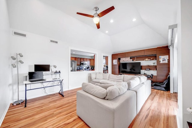 3907 N Harlem Ave Unit 304B, Chicago, IL 60634 - living room with lofted ceiling, light wood-style floors, ceiling fan, recessed lighting, and baseboards
