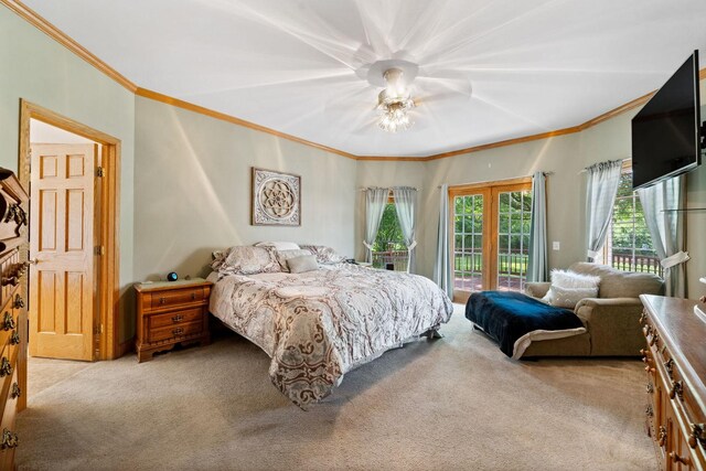 6099 Polo Club Dr, Yorkville, IL 60560 - bedroom featuring carpet floors, access to outside, ornamental molding, and ceiling fan