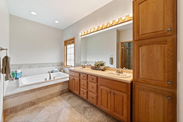 6099 Polo Club Dr, Yorkville, IL 60560 - full bathroom with double vanity, a garden tub, a shower with shower door, and recessed lighting