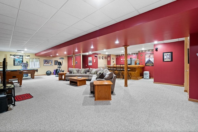 6099 Polo Club Dr, Yorkville, IL 60560 - carpeted living area with pool table, a dry bar, and a paneled ceiling