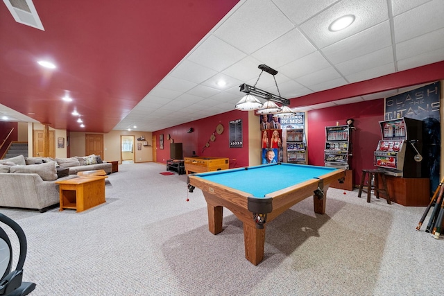 6099 Polo Club Dr, Yorkville, IL 60560 - game room featuring carpet flooring, pool table, a drop ceiling, and recessed lighting