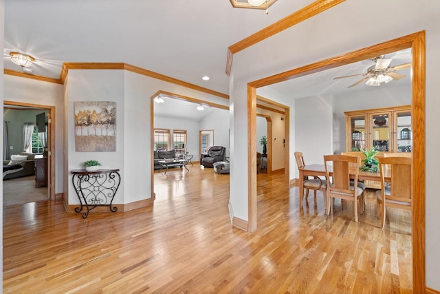 6099 Polo Club Dr, Yorkville, IL 60560 - dining room featuring light wood-style flooring, ornamental molding, a ceiling fan, and recessed lighting