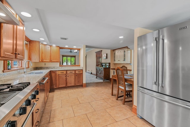 1616 Riverside Ave, Saint Charles, IL 60174 - kitchen featuring high end refrigerator, a ceiling fan, recessed lighting, stovetop, and light tile patterned flooring