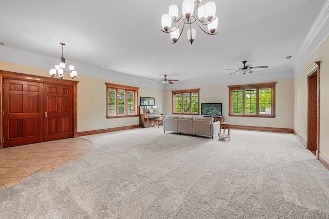 1616 Riverside Ave, Saint Charles, IL 60174 - unfurnished living room with a chandelier, ornamental molding, carpet flooring, and a ceiling fan