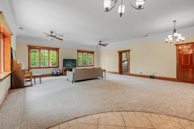 1616 Riverside Ave, Saint Charles, IL 60174 - unfurnished living room with a ceiling fan, a chandelier, carpet flooring, and ornamental molding