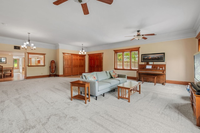 1616 Riverside Ave, Saint Charles, IL 60174 - carpeted living area featuring a chandelier, a ceiling fan, and crown molding