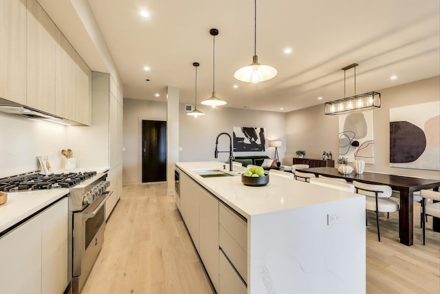 613 N Ogden Ave Unit 4W, Chicago, IL 60642 - kitchen featuring high end stainless steel range, modern cabinets, light wood-style floors, a kitchen island with sink, and light countertops
