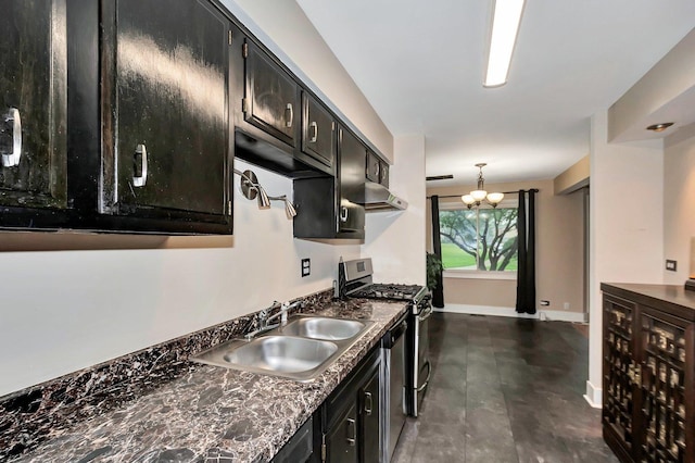 3030 Roberts Dr Unit 4, Woodridge, IL 60517 - kitchen featuring stainless steel range with gas cooktop, a sink, dark cabinets, dark countertops, and a chandelier