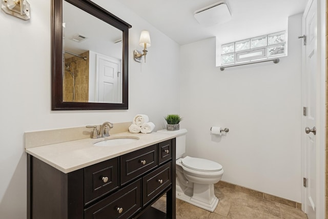 8335 Kostner Ave, Skokie, IL 60076 - bathroom with vanity, toilet, a shower, tile patterned floors, and baseboards