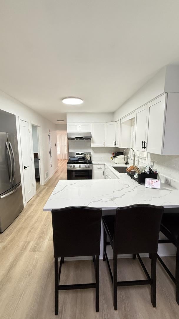 532 W 27th St, Chicago, IL 60616 - kitchen with stainless steel appliances, a sink, light stone counters, under cabinet range hood, and a peninsula