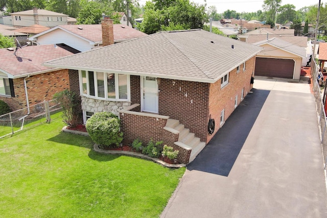 7141 W 72nd St, Chicago, IL 60638 - view of front facade with roof with shingles, brick siding, a garage, stone siding, and a residential view