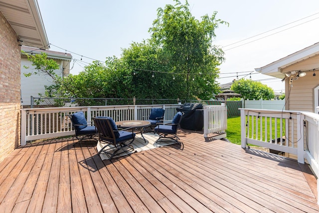 7141 W 72nd St, Chicago, IL 60638 - wooden terrace featuring a fenced backyard and a grill