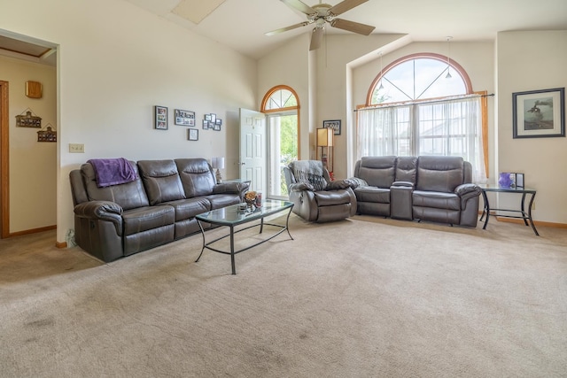 608 Cherry Tree Ln, Genoa, IL 60135 - living room with carpet flooring, ceiling fan, high vaulted ceiling, and baseboards
