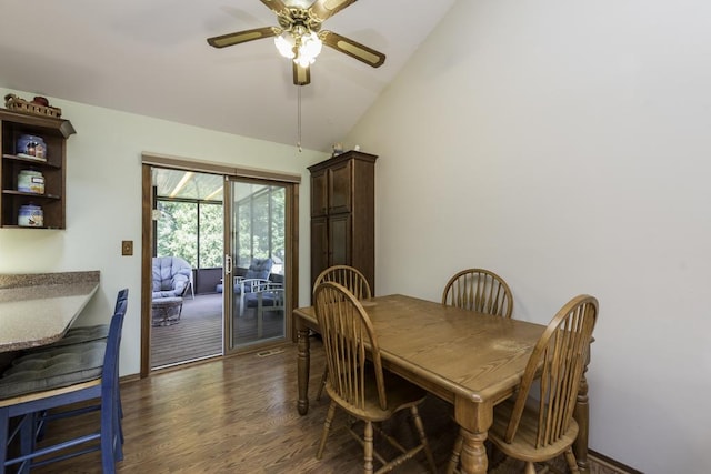 33061 N Rolling Hills Rd, Grayslake, IL 60030 - dining space with ceiling fan, vaulted ceiling, dark wood-style flooring, a sunroom, and baseboards