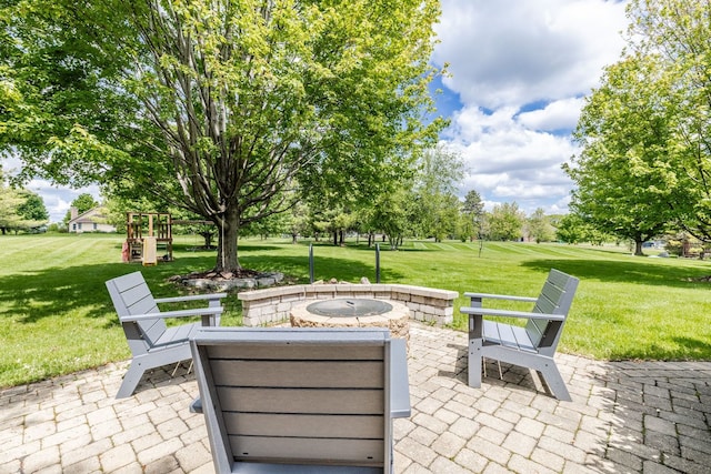 181 N Meadowlark Dr, Hawthorn Woods, IL 60047 - view of patio / terrace featuring a playground and a fire pit