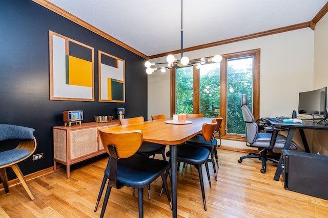 181 N Meadowlark Dr, Hawthorn Woods, IL 60047 - dining room featuring crown molding, light wood finished floors, baseboards, a chandelier, and an office area