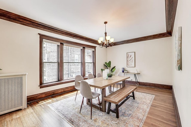 5520 S Cornell Ave Unit 1S, Chicago, IL 60637 - dining space featuring a chandelier, radiator, ornamental molding, and light wood finished floors