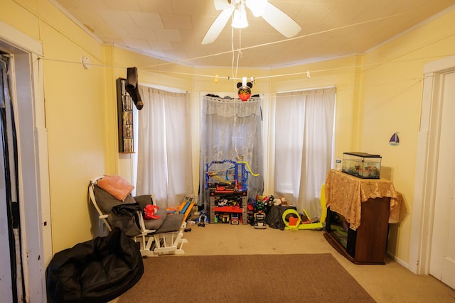 341 S 5th Ave, Kankakee, IL 60901 - rec room featuring carpet floors, ceiling fan, and crown molding