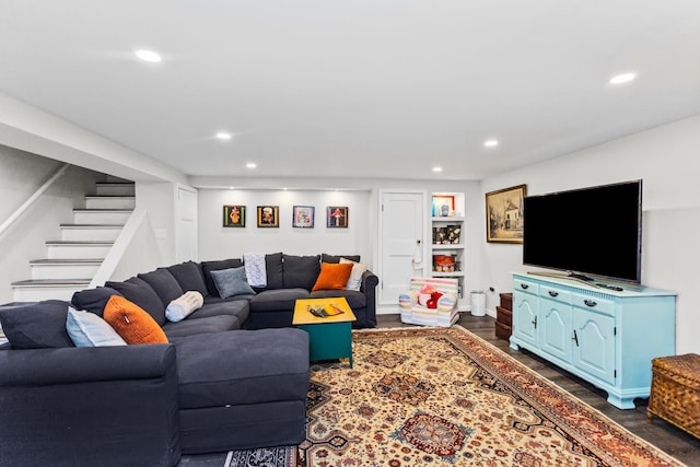 1414 Lincoln St, Evanston, IL 60201 - living room with recessed lighting, stairs, and dark wood finished floors