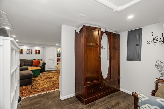 1414 Lincoln St, Evanston, IL 60201 - mudroom featuring electric panel, dark wood-style floors, and recessed lighting