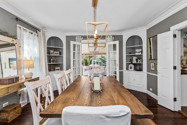 1414 Lincoln St, Evanston, IL 60201 - dining room featuring a chandelier, built in features, ornamental molding, and wood finished floors