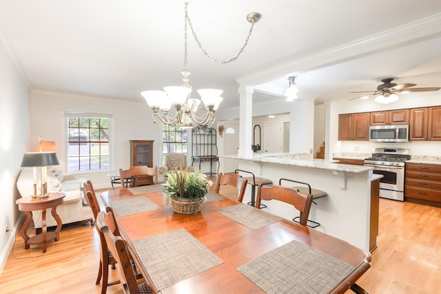 0N244 Peter Rd, Winfield, IL 60190 - dining room with crown molding, light wood-type flooring, a ceiling fan, and a chandelier