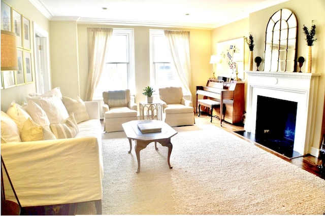 210 E Pearson St Unit 7B, Chicago, IL 60611 - living area with crown molding, a fireplace with flush hearth, and wood finished floors