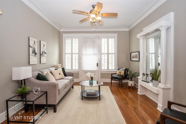 1208 W Waveland Ave Unit 1, Chicago, IL 60613 - living room featuring wood finished floors, crown molding, ceiling fan, plenty of natural light, and decorative columns