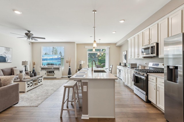 12654 S Talbot Cir, Plainfield, IL 60585 - kitchen featuring appliances with stainless steel finishes, open floor plan, a sink, wood-type flooring, and recessed lighting