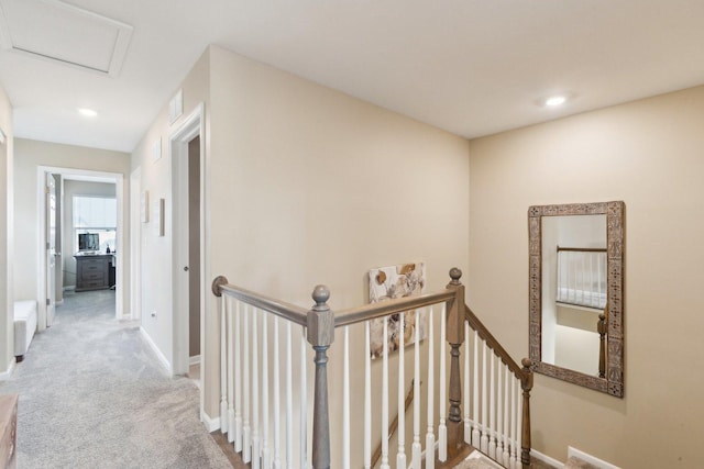 12654 S Talbot Cir, Plainfield, IL 60585 - hallway with an upstairs landing, attic access, carpet flooring, baseboards, and recessed lighting