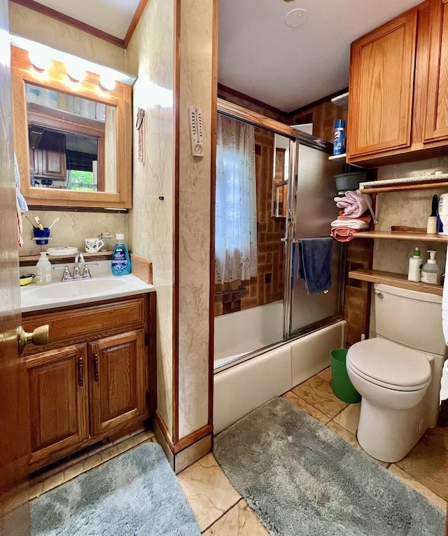 2110 N Mobile Ave, Chicago, IL 60639 - full bathroom featuring enclosed tub / shower combo, vanity, and ornamental molding