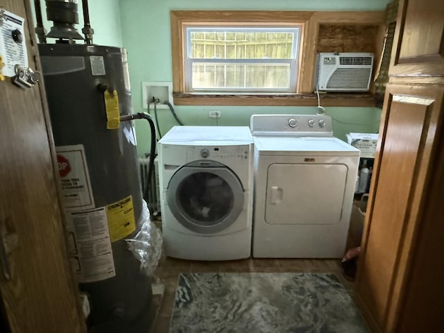 2110 N Mobile Ave, Chicago, IL 60639 - laundry area featuring gas water heater, washer and dryer, and a wall mounted air conditioner