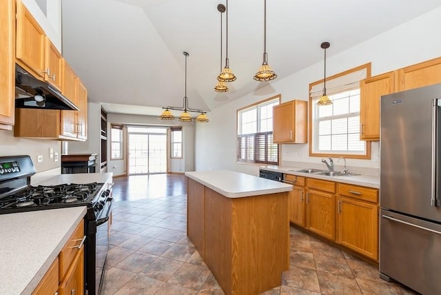 17100 Como Ave, Lockport, IL 60441 - kitchen with black appliances, a center island, under cabinet range hood, light countertops, and a sink