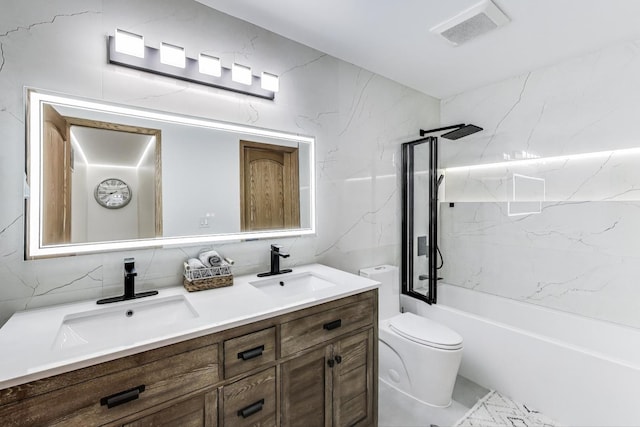 6 Plover Ct, Woodridge, IL 60517 - full bathroom featuring double vanity, toilet, shower / washtub combination, and tile walls