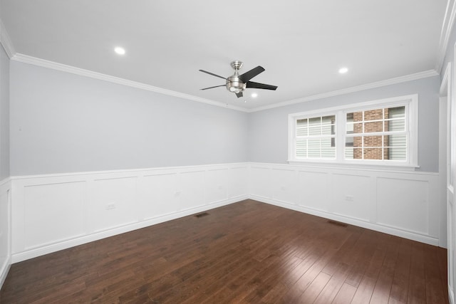 1012 Concord Dr, Bartlett, IL 60103 - unfurnished room featuring a ceiling fan, hardwood / wood-style flooring, wainscoting, recessed lighting, and ornamental molding