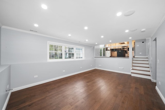1012 Concord Dr, Bartlett, IL 60103 - unfurnished living room with ornamental molding, baseboards, wood finished floors, recessed lighting, and stairs