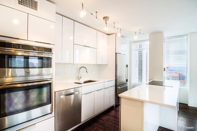 100 E Walton St Unit 22H, Chicago, IL 60611 - kitchen featuring appliances with stainless steel finishes, a sink, dark wood-style floors, light countertops, and backsplash