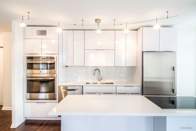 100 E Walton St Unit 22H, Chicago, IL 60611 - kitchen featuring appliances with stainless steel finishes, a sink, white cabinetry, dark wood-style flooring, and backsplash